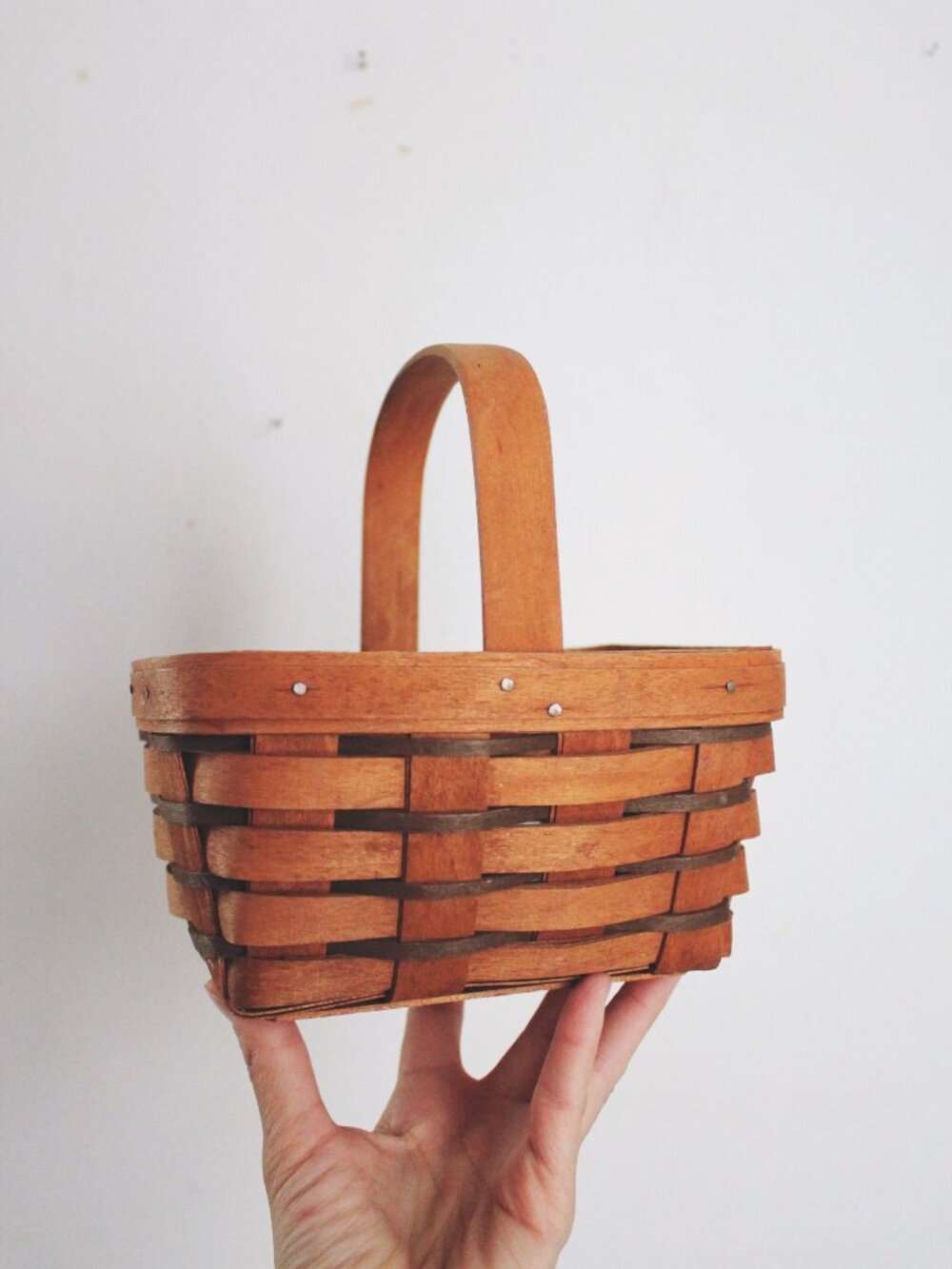 Longaberger Small Mini Handwoven Vintage Basket Handle 1990 USA Wooden Chore